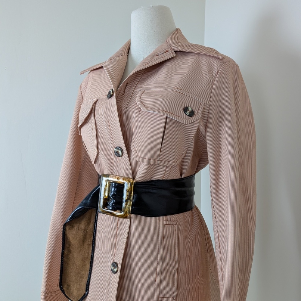 70's Pinstripe Blazer Size Medium Overcoat Pastel Dagger Collar Vintage Office - Picture 11 of 14